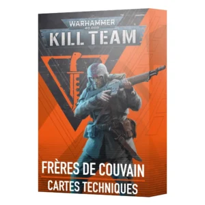 Vue de trois quarts de la boîte de Kill Team : Frères de Couvain – Cartes Techniques. Le design de l'emballage présente un contraste diagonal dynamique entre un fond gris anthracite texturé et un orange vif et lumineux. Le logo officiel métallique bleu et argenté "Warhammer 40,000 Kill Team" trône au sommet. Au centre, un grand triangle orange inversé renferme l'icône stylisée d'un poignard de combat. Au premier plan, l'illustration montre un soldat des Frères de Couvain en uniforme militaire sombre et casque de protection blanc marqué d'un insigne rouge, épaulant son fusil laser. En bas de la boîte, les inscriptions « FRÈRES DE COUVAIN » et « CARTES TECHNIQUES » sont imprimées en lettres capitales blanches bien visibles.