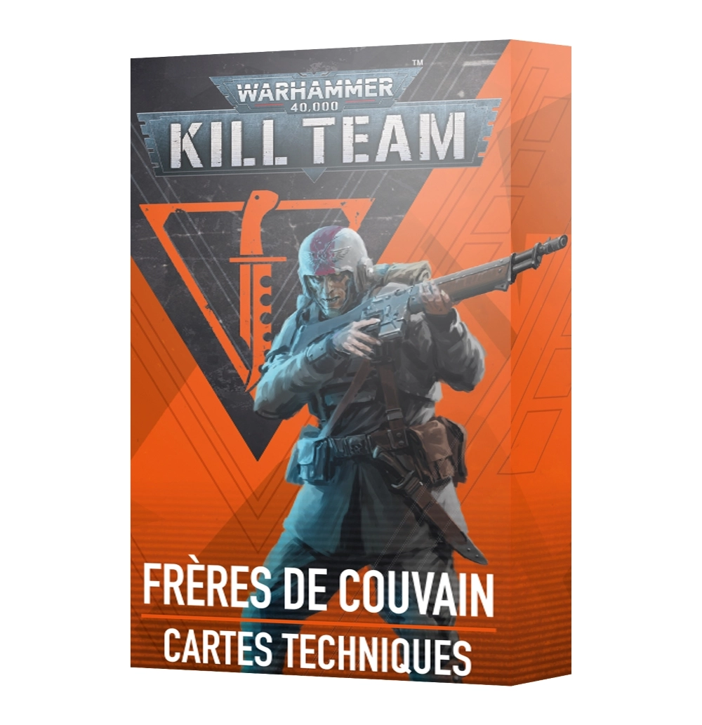 Vue de trois quarts de la boîte de Kill Team : Frères de Couvain – Cartes Techniques. Le design de l'emballage présente un contraste diagonal dynamique entre un fond gris anthracite texturé et un orange vif et lumineux. Le logo officiel métallique bleu et argenté "Warhammer 40,000 Kill Team" trône au sommet. Au centre, un grand triangle orange inversé renferme l'icône stylisée d'un poignard de combat. Au premier plan, l'illustration montre un soldat des Frères de Couvain en uniforme militaire sombre et casque de protection blanc marqué d'un insigne rouge, épaulant son fusil laser. En bas de la boîte, les inscriptions « FRÈRES DE COUVAIN » et « CARTES TECHNIQUES » sont imprimées en lettres capitales blanches bien visibles.