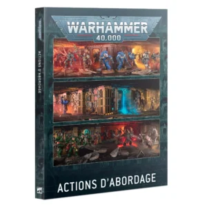 Couverture du livre de règles Warhammer 40,000: Actions d’Abordage présenté de trois-quarts face sur un fond blanc. Le livre possède une couverture sombre dotée d'une large bordure bleu-vert canard finement texturée. En haut, le logo officiel métallique gris « WARHAMMER 40,000 » est centré. Le milieu de la couverture est composé de trois fenêtres rectangulaires horizontales montrant des photos de figurines Citadel en pleine action dans des décors industriels fermés : la première bande est éclairée par une lueur orange incandescente, la seconde affiche un couloir sombre percé d'un halo de lumière bleu cyan magique, et la troisième présente des Space Marines en armure verte progressant parmi des débris sous un éclairage rouge menaçant. En bas, le titre du livre de règles Warhammer 40,000: Actions d’Abordage s'affiche en grandes lettres blanches épurées.