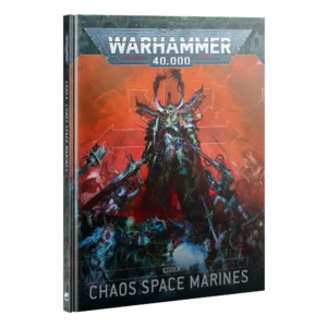 Livre officiel à couverture rigide présentant le Codex: Chaos Space Marines pour le jeu de stratégie Warhammer 40,000, isolé sur un fond blanc uni. Le logo argenté emblématique de Warhammer 40,000 trône en haut au centre sur une bordure grise sculptée. L'illustration principale de la couverture met en scène un immense et terrifiant Maître de la Guerre du Chaos en armure noire et dorée ornée de pointes, portant un casque à cornes géantes. Il brandit une épée démoniaque et une hache énergétique massive au-dessus d'une mêlée chaotique de guerriers hérétiques et de cultistes. En arrière-plan, une immense étoile à huit branches du Chaos se dessine en lignes blanches sur un fond rouge et orangé incandescent. Le bas de la couverture affiche le titre en grandes lettres blanches "CODEX CHAOS SPACE MARINES". La tranche noire du livre est également visible sur la gauche, répétant le titre et affichant le logo blanc Citadel en bas.