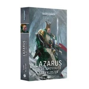 Illustration de couverture pour le livre broché Lazarus : Le Fil de l'Hostilité de Gary Kloster. Au centre, le personnage Lazarus, space marine en armure verte arborant l'emblème des Dark Angels et un tabard blanc, se tient debout sur un sol gelé dans un paysage enneigé et rocailleux. Il brandit une épée énergétique illuminée d'éclairs bleus et porte une auréole de fer derrière sa tête. En haut, le logo "WARHAMMER 40,000" est inscrit sur un bandeau argenté. Le titre du livre est imprimé en larges lettres capitales blanches dans la partie inférieure de la couverture, avec le nom de l'auteur "GARY KLOSTER" juste en dessous, créant un contraste saisissant avec l'ambiance sombre et glaciale du champ de bataille en arrière-plan.