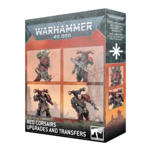 Boîte d'emballage officielle Warhammer 40,000 pour le kit Chaos Space Marines : Red Corsairs Upgrades and Transfers, mettant en avant le produit Améliorations et Décalcos Red Corsairs. Le haut de la boîte arbore le logo argenté imposant de Warhammer 40,000 sur un fond rouge orangé embrasé. La face avant présente quatre vignettes principales montrant des figurines de Space Marines du Chaos peintes aux couleurs des Red Corsairs (armures rouges et noires). Les détails mettent en valeur des têtes nues customisées, des épaulières ornées, des armes lourdes et des icônes du Chaos. Le côté droit de la boîte affiche le symbole de l'étoile à huit branches du Chaos en blanc, ainsi que de plus petites images des composants en situation. En bas, le titre en anglais "Red Corsairs Upgrades and Transfers" est inscrit en lettres capitales blanches à côté du logo blanc Citadel/Warhammer.