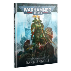 Vue en perspective de la couverture rigide du livre Supplément de Codex: Dark Angels pour Warhammer 40,000. L'illustration centrale met en scène un puissant guerrier Space Marine au centre, revêtu d'une armure énergétique vert sombre, d'un drapé et d'une capuche de couleur beige. Son paquetage dorsal est surmonté de deux encensoirs allumés d'où s'échappent des flammes orange. Il brandit un pistolet à plasma lumineux d'une main et tient une épée de l'autre, se tenant debout sur des débris métalliques. Autour de lui, des silhouettes encapuchonnées en robe sombre et un autre guerrier armé se détachent sur un arrière-plan baigné d'une intense lumière bleu clair et blanche. Le logo métallique argenté "WARHAMMER 40,000" trône en haut de la page. Les inscriptions textuelles blanches "SUPPLÉMENT DE CODEX" et "DARK ANGELS" sont centrées en bas de la couverture. Le titre est également repris verticalement en lettres blanches sur la tranche gauche du livre.