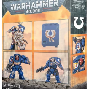 Boîte de jeu pour les Améliorations et Décalcos des Ultramarines, destinée à l'univers de Warhammer 40,000. L'emballage, aux dominantes bleues et orangées, présente plusieurs visuels de Space Marines Ultramarines équipés de pièces d'armure personnalisées, notamment des épaulières avec le symbole "U" iconique en forme de fer à cheval, des boucliers richement décorés et des accessoires techniques. En haut, le logo métallique "WARHAMMER 40,000" est inscrit, suivi de "ULTRAMARINES" et "UPGRADES AND TRANSFERS". Le bandeau noir en bas répète le nom du produit "UPGRADES AND TRANSFERS" et comporte le logo carré blanc de la marque Warhammer, illustrant parfaitement la diversité des options de personnalisation incluses pour vos figurines.