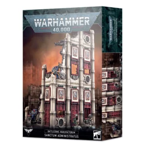 Emballage cartonné de la boîte de décor Zone de Bataille: Manufactorum – Sanctum Administratus pour Warhammer 40,000, présenté de face sur fond blanc. L'illustration principale met en scène un grand bâtiment gothique et industriel en ruine s'élevant sur trois niveaux. La structure alterne entre des murs blanc crème, des grilles métalliques sombres et des panneaux d'un rouge brique profond ornés d'icônes d'engrenages. Le sommet du bâtiment est partiellement détruit et éventré. En arrière-plan, un ciel de guerre voilé de fumée s'illumine de lueurs orange et incandescentes. Des figurines de Space Marines en armure bleue et des Nécrons squelettiques sont déployés tactiquement sur les différents étages et au pied de la ruine. Le grand logo métallique « WARHAMMER 40,000 » est visible en haut de la boîte, et le nom de la boîte en anglais est inscrit dans un bandeau noir tout en bas.