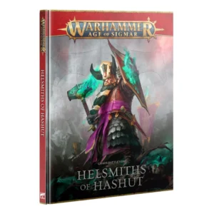 A three-quarter product photograph against a plain white background showcasing the Chaos Battletome: Helsmiths of Hashut (Anglais) hardback book. The front cover features a red header banner trimmed with gold borders, displaying the gold and blue "WARHAMMER AGE OF SIGMAR" logo at the top. The central illustration depicts a stocky, heavily armored dark duardin warrior wearing a tall horned helm with a red gemstone, dark scale mail armor, and a bright magenta sash. He holds a heavy warhammer engulfed in ethereal green flames in his right hand and raises a shield glowing with green flame runes in his left. Below the artwork, white text reads "CHAOS BATTLETOME" above the prominent silver title "HELSMITHS OF HASHUT". The red spine features gold trim, the Age of Sigmar logo at the top, vertical white title text along the spine, and the Warhammer logo at the bottom.