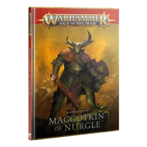 Three-quarter view photograph on a plain white background of the hardback book Chaos Battletome: Maggotkin of Nurgle (Anglais). At the top of the cover, the official "WARHAMMER AGE OF SIGMAR" logo is set on a red banner framed with gold metallic borders. The central artwork, rendered in sickly yellow and warm amber tones, depicts a heavily armored warrior of Nurgle wearing a helm with sharp horns and three triangular eye-holes. He holds a broad rusted sword in his right hand and a round shield emblazoned with the emblem of Nurgle in his left. Below the illustration, white text reads "CHAOS BATTLETOME" above the main title "MAGGOTKIN OF NURGLE". The red spine of the book is visible along the left side.
