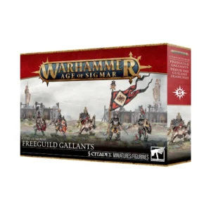 Vue de trois quarts de la boîte d'emballage officielle des figurines Preux des Guildes Franches (Freeguild Gallants) pour le jeu Warhammer Age of Sigmar. La partie supérieure présente une bande rouge texturée arborant le logo doré et blanc "Warhammer Age of Sigmar". L'illustration principale met en scène cinq soldats humains en armure de plates intégrale, dressés fièrement sur une plaine rocheuse sous un ciel couvert, devant des remparts fortifiés en arrière-plan. De gauche à droite : un soldat armé d'une masse lourde et d'un bouclier noir et rouge ; un guerrier brandissant une épée avec un bouclier orange et noir ; un champion équipé d'un fléau d'armes et coiffé d'un casque orné ; un porte-étendard élevant une grande bannière noire et rouge déchirée portant un blason beige ; et un dernier épéiste flanqué d'une petite créature de compagnie rouge à ses pieds. Le bas de la boîte, de couleur noire, affiche les inscriptions blanches "CITIES OF SIGMAR", "FREEGUILD GALLANTS" et "5 CITADEL MINIATURES/FIGURINES". Le flanc droit de la boîte, rouge, indique les noms du produit en anglais et en français au-dessus d'un symbole d'étoile blanche à huit branches.