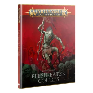 Hardcover front cover of the Death Battletome: Flesh-eater Courts (Anglais) for Warhammer Age of Sigmar. At the top, the official golden Warhammer Age of Sigmar logo is displayed on a textured red header. The central illustration features a feral ghoul warrior leaping forward, holding a tattered banner spear and a sword, set against a blood-red sky filled with distant winged monstrosities. In the bottom foreground, sinister ghoul faces emerge from the darkness. Below the main artwork, the text reads "DEATH BATTLETOME" and "FLESH-EATER COURTS" in bold, light-grey capital letters.