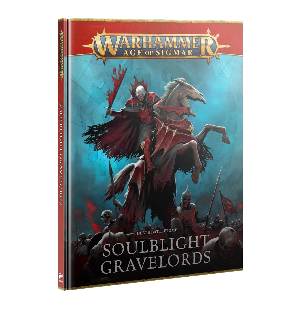 Hardcover front cover of the Death Battletome: Soulblight Gravelords (Anglais) for Warhammer Age of Sigmar. At the top, the official golden Warhammer Age of Sigmar logo is displayed on a red textured banner. The central artwork shows a pale vampire lord in red armor and a dark, ragged cape, mounted on a skeletal steed with glowing red eyes while wielding a fiery red sword. Below, an army of skeleton warriors marches under a teal sky featuring subtle occult sigils. At the bottom of the cover, the text reads "DEATH BATTLETOME" and "SOULBLIGHT GRAVELORDS" in bold white capital letters.