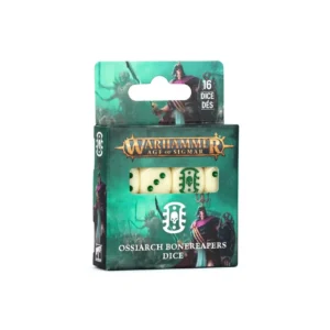 Photo de l'emballage cartonné du set de Dés des Collecteurs Ossiarques pour le jeu Warhammer Age of Sigmar. La boîte présente des illustrations de guerriers squelettiques aux armures d'os et capes violettes sur un fond brumeux vert spectral. Une fenêtre transparente au centre montre quatre dés de couleur blanc cassé ou os, avec des points vert foncé. Le dé central affiche le symbole gravé des Collecteurs Ossiarques, représentant un crâne stylisé dans un blason. Les inscriptions "16 DICE DÉS" en haut à droite et "OSSIARCH BONEREAPERS DICE" en bas complètent le visuel.
