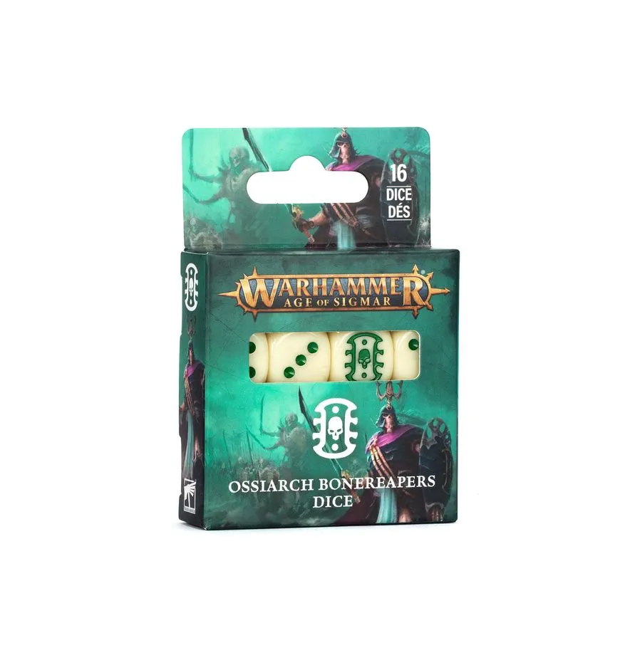 Photo de l'emballage cartonné du set de Dés des Collecteurs Ossiarques pour le jeu Warhammer Age of Sigmar. La boîte présente des illustrations de guerriers squelettiques aux armures d'os et capes violettes sur un fond brumeux vert spectral. Une fenêtre transparente au centre montre quatre dés de couleur blanc cassé ou os, avec des points vert foncé. Le dé central affiche le symbole gravé des Collecteurs Ossiarques, représentant un crâne stylisé dans un blason. Les inscriptions "16 DICE DÉS" en haut à droite et "OSSIARCH BONEREAPERS DICE" en bas complètent le visuel.