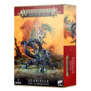 Visuel du packaging officiel Warhammer Age of Sigmar pour la figurine d'Alarielle the Everqueen de la faction Sylvaneth. La boîte aux bordures dorées et au bandeau supérieur rouge présente en haut le logo officiel doré « Warhammer Age of Sigmar ». L'illustration centrale, baignée dans un paysage automnal aux teintes orangées et chaleureuses, met en scène la déesse de la vie chevauchant un colossal scarabée géant aux reflets noirs et violets. Alarielle se tient debout sur la créature, drapée d'une robe claire, brandissant un grand sceptre-lance et arborant d'imposantes ailes végétales. En bas du coffret figurent le nom de la faction « SYLVANETH », l'inscription « ALARIELLE THE EVERQUEEN » ainsi que la mention « 1 MINIATURE ».