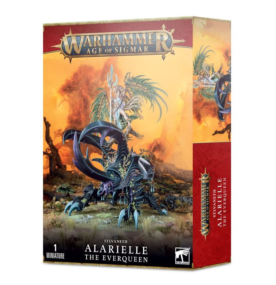 Visuel du packaging officiel Warhammer Age of Sigmar pour la figurine d'Alarielle the Everqueen de la faction Sylvaneth. La boîte aux bordures dorées et au bandeau supérieur rouge présente en haut le logo officiel doré « Warhammer Age of Sigmar ». L'illustration centrale, baignée dans un paysage automnal aux teintes orangées et chaleureuses, met en scène la déesse de la vie chevauchant un colossal scarabée géant aux reflets noirs et violets. Alarielle se tient debout sur la créature, drapée d'une robe claire, brandissant un grand sceptre-lance et arborant d'imposantes ailes végétales. En bas du coffret figurent le nom de la faction « SYLVANETH », l'inscription « ALARIELLE THE EVERQUEEN » ainsi que la mention « 1 MINIATURE ».