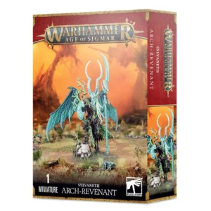Visuel du packaging officiel Warhammer Age of Sigmar pour la figurine d'Arch-Revenant de la faction Sylvaneth. La boîte aux bordures dorées et au bandeau supérieur rouge présente en haut le logo officiel doré « Warhammer Age of Sigmar ». L'illustration centrale, baignée dans un paysage automnal aux teintes chaudes et dorées, met en scène le commandant sylvestre doté de grandes ailes d'insecte turquoise et de longues cornes recourbées. Il est armé d'une lance rituelle, porte un bouclier rond et pose le pied sur un imposant crâne. En bas du coffret figurent le nom de la faction « SYLVANETH », l'inscription « ARCH-REVENANT » ainsi que la mention « 1 MINIATURE ».