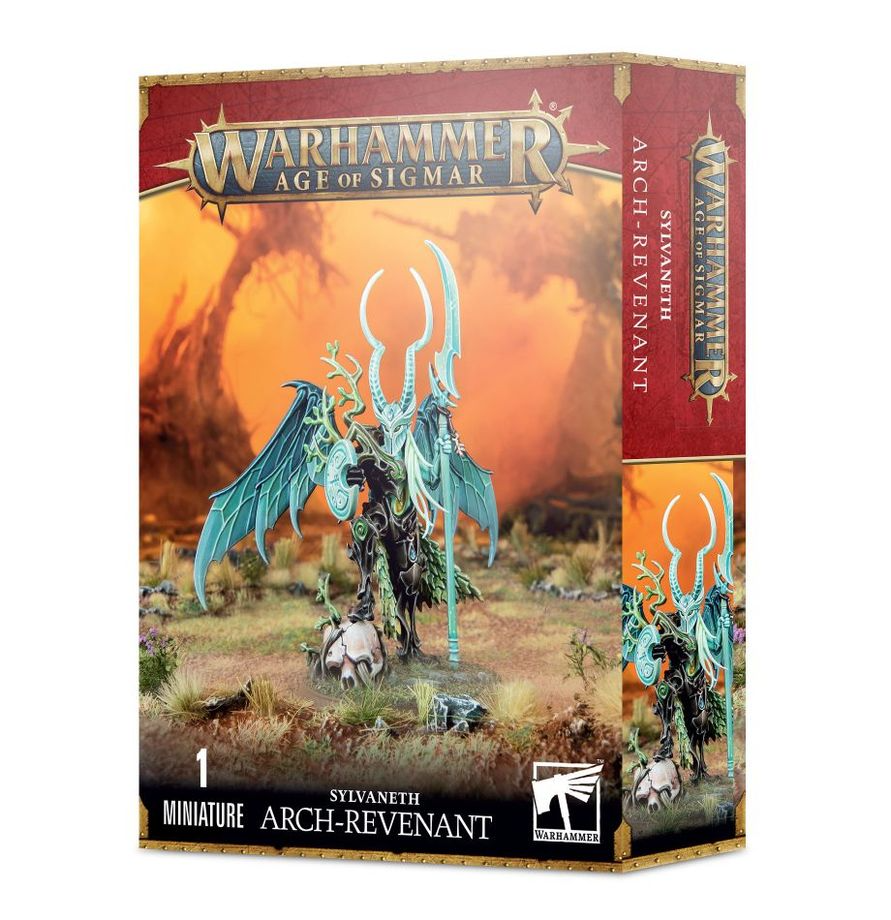 Visuel du packaging officiel Warhammer Age of Sigmar pour la figurine d'Arch-Revenant de la faction Sylvaneth. La boîte aux bordures dorées et au bandeau supérieur rouge présente en haut le logo officiel doré « Warhammer Age of Sigmar ». L'illustration centrale, baignée dans un paysage automnal aux teintes chaudes et dorées, met en scène le commandant sylvestre doté de grandes ailes d'insecte turquoise et de longues cornes recourbées. Il est armé d'une lance rituelle, porte un bouclier rond et pose le pied sur un imposant crâne. En bas du coffret figurent le nom de la faction « SYLVANETH », l'inscription « ARCH-REVENANT » ainsi que la mention « 1 MINIATURE ».