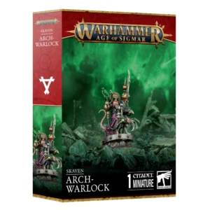 Visuel du packaging officiel Warhammer Age of Sigmar pour la figurine de l'Archi-technomage (Arch-Warlock) de la faction Skaven. La boîte aux bordures dorées et au bandeau supérieur rouge arbore en haut le logo officiel doré "Warhammer Age of Sigmar". L'illustration centrale, baignée dans une lueur verte émanant de la malepierre, présente un sorcier-ingénieur Skaven vêtu de robes violettes et équipé d'un harnais cybernétique, brandissant une hallebarde énergétique et une griffe mécanique. Sur la tranche gauche rouge figure le symbole blanc de la faction Skaven, tandis qu'en bas sont inscrites la mention "SKAVEN ARCH-WARLOCK" et l'indication "1 CITADEL MINIATURE".