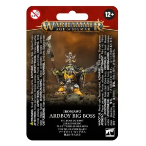 Visuel du blister de présentation Warhammer Age of Sigmar pour la figurine du Big Boss Durboy (Ardboy Big Boss) de la faction Ironjawz des Orruk Warclans. L'emballage affiche en haut le logo officiel doré "Warhammer Age of Sigmar" sur fond rouge. L'illustration centrale met en avant un imposant chef Orruk à la peau verte, vêtu d'une lourde armure à plaques jaunes et noires. Il tient une impressionnante hallebarde tranchante dans sa main droite, une grande blade dentelée dans sa main gauche et arbore un fétiche de crâne au-dessus du casque. En bas apparaissent les inscriptions "IRONJAWZ ARDBOY BIG BOSS" ainsi que "BIG BOSS DURBOY".
