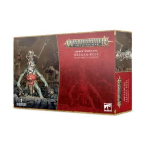Photo de présentation sur fond blanc de la boîte de jeu du Boss Bestiaire sur Troggoth Fangebrute. La boîte rectangulaire arbore en haut le logo doré "WARHAMMER AGE OF SIGMAR". La partie gauche de l'illustration met en valeur la figurine d'un colossal monstre à la peau verte écailleuse portant une plaque de poitrail rouge à motif de visage grimaçant. Sur son dos est harnaché un chef Orruk filiforme brandissant une longue lance, le tout évoluant dans un paysage de marais brumeux et de ruines de pierre. La partie droite de la boîte présente un panneau rouge texturé avec le titre "ORRUK WARCLANS BREAKA-BOSS ON MIREBRUTE TROGGOTH". Le coin inférieur gauche indique "1 MINIATURE" et le logo "WARHAMMER" figure dans le coin inférieur droit.
