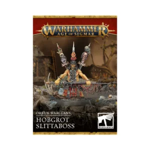 Visuel de la boîte de présentation Warhammer Age of Sigmar pour la figurine du Boss Égorgeur Hobgrot (Hobgrot Slittaboss) de la faction Orruk Warclans. L'image montre le personnage Hobgrot à la peau jaunâtre, vêtu d'une armure sombre garnie de cordes rouges. Son casque est surmonté de trois piques pointues arborant des têtes coupées terrifiantes. Il tient horizontalement à deux mains une grande lame dentelée maculée de sang. En haut de l'image figure le logo officiel doré "Warhammer Age of Sigmar", et en bas apparaissent les inscriptions "ORRUK WARCLANS" et "HOBGROT SLITTABOSS" à côté du logo Warhammer.