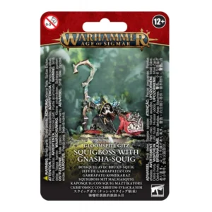 Visuel du blister de présentation Warhammer Age of Sigmar pour la figurine du Bossquig avec Bruxo-squig (Squigboss with Gnasha-Squig) de la faction Gloomspite Gitz. L'emballage affiche en haut le logo officiel doré "Warhammer Age of Sigmar" sur un fond rouge. L'illustration centrale met en scène un chef Grot habillé d'une robe et d'une capuche sombres, tenant un long bâton tordu garni de champignons, flanqué à ses pieds d'un Squig rouge particulièrement agressif aux dents acérées. En bas figurent les inscriptions "GLOOMSPITE GITZ", "SQUIGBOSS WITH GNASHA-SQUIG" ainsi que le nom français "BOSSQUIG AVEC BRUXO-SQUIG".