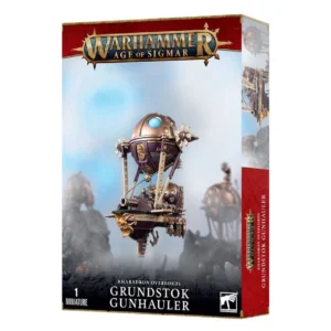 Boîte de produit officielle du kit de la Canonnière Grundstok (Grundstok Gunhauler) pour la faction Kharadron Overlords dans Warhammer Age of Sigmar. L'emballage vertical présente en haut le logo officiel Warhammer Age of Sigmar en lettres métalliques dorées sur une bannière rouge bordeaux. L'illustration centrale montre un petit navire céleste blindé aux nuances de cuivre, de bronze et de violet sombre, maintenu dans les cieux par un ballon métallique sphérique. Le vaisseau est équipé d'un imposant canon à la proue et piloté par un équipage Duardin au-dessus d'un paysage montagneux brumeux. En bas à gauche, la mention « 1 MINIATURE » surmonte les inscriptions « KHARADRON OVERLORDS GRUNDSTOK GUNHAULER » en capitales blanches, accompagnées du logo carré blanc Citadel Warhammer à droite.