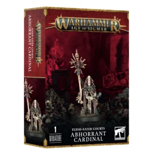 Boîte d'emballage pour Warhammer Age of Sigmar avec un bandeau rouge supérieur portant le logo officiel doré. Au centre, la figurine peinte du Cardinal Abhorrant des Flesh-Eater Courts se dresse sur un sol sombre jonché d'ossements. Cette goule religieuse à la peau verdâtre porte une mitre grotesque formée d'os et de chair tannée, ainsi que des étoles déchirées. De sa main droite, elle dresse un haut sceptre sacré fait d'ossements et surmonté d'un crâne rayonnant. Le bas de la boîte précise « 1 MINIATURE », « FLESH-EATER COURTS » et « ABHORRANT CARDINAL ».