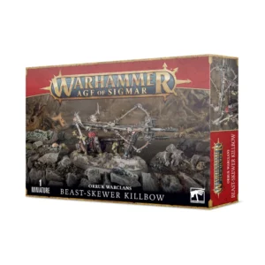 Visuel de la boîte de présentation Warhammer Age of Sigmar pour la figurine de l'Empaleuse (Beast-skewer Killbow) de la faction Orruk Warclans. La boîte au design rouge et sombre arbore en haut le logo officiel doré "Warhammer Age of Sigmar" et en bas l'inscription "ORRUK WARCLANS BEAST-SKEWER KILLBOW" à côté de la mention "1 MINIATURE". L'illustration montre une imposante baliste artisanale faite de bois, de métal et de cordages, servie par des gredins Kruleboyz à la peau verte sur un sol rocailleux et aride.