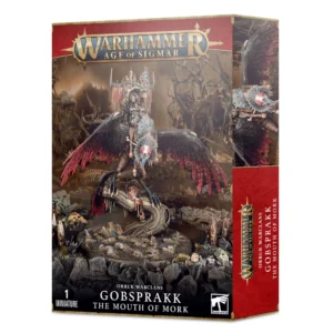 Visuel du packaging officiel Warhammer Age of Sigmar pour la figurine de Gobsprakk, la Bouche de Mork (Gobsprakk, The Mouth of Mork) de la faction Orruk Warclans. La boîte arborant un design rouge et sombre présente en haut le logo officiel doré "Warhammer Age of Sigmar", et en bas l'inscription "ORRUK WARCLANS GOBSPRAKK THE MOUTH OF MORK" accompagnée de la mention "1 MINIATURE". L'illustration met en valeur le puissant chaman Kruleboyz perché sur une haute litière fixée sur le dos d'un vautour géant monstrueux aux plumes sombres et aux pointes d'ailes rouge sang, posé sur un tronçon de bois mort torsadé au milieu d'un marais sombre.