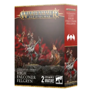 Boîte de jeu Warhammer Age of Sigmar pour la figurine du Grand Fauconnier Felgryn de la faction Flesh-Eater Courts. Le haut de la boîte arbore le logo officiel doré de Warhammer Age of Sigmar sur un fond rouge. L'illustration centrale présente deux figurines peintes sur un sol rocheux sombre : le personnage principal, un être macabre à la peau grise et à la barbe blanche vêtu de guenilles, perché sur un tronc torsadé tout en brandissant une créature volant aux ailes déployées, accompagné d'une seconde bête ailée posée à ses côtés. Le bas de la boîte affiche les inscriptions « FLESH-EATER COURTS », « HIGH FALCONER FELGRYN » et « 2 CITADEL MINIATURES ».