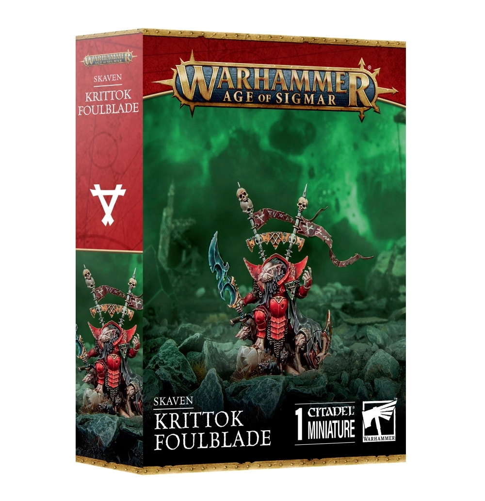 Boîte de jeu d'emballage Warhammer Age of Sigmar présentant la figurine peinte de Krittok Foulblade de la faction Skaven. Le logo doré « WARHAMMER AGE OF SIGMAR » trône en haut au centre sur un fond baigné de brume vert incandescent. L'illustration centrale montre ce commandant rat à la fourrure grise vêtu d'une armure d'un rouge rutilant et d'une cape sombre, posé sur un sol rocailleux. Il brandit une épée incurvée à la lame verte luminescente de la main droite, avec deux bannières ornées de crânes et de runes fixées dans son dos, tandis que de petits rats grouillent à ses pieds. La bande verticale rouge sur la gauche affiche la rune triangulaire Skaven. Au bas de la boîte figurent l'inscription « SKAVEN KRITTOK FOULBLADE », la mention « 1 CITADEL MINIATURE » ainsi que le logo Citadel Warhammer.