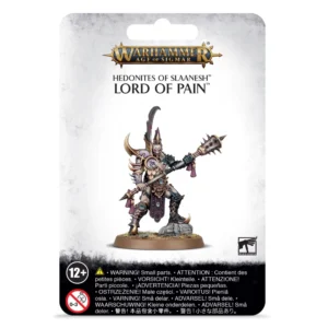 Photo de présentation sur fond blanc marbré du blister de packaging de la figurine du Lord of Pain. L'emballage est surmonté au sommet du logo officiel "WARHAMMER AGE OF SIGMAR" en lettres dorées et bleues, suivi des inscriptions "HEDONITES OF SLAANESH" et "LORD OF PAIN". L'illustration centrale présente la figurine peinte d'un guerrier élancé à la peau pâle et torse nu, coiffé d'un casque pointu et d'une lame dorsale courbée. Vêtu d'une armure d'un violet profond bordée d'or avec des épaulières ornées, il pose le pied gauche sur une pierre et brandit à deux mains une lourde masse d'armes à piques décorée de pompons roses. En bas à droite figure le logo "WARHAMMER", tandis que la bande noire inférieure rassemble les pictogrammes de sécurité "12+" et "0-3" accompagnés des mentions d'avertissement.