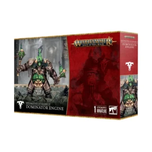 Vue de trois-quarts sur fond blanc de la boîte de jeu Warhammer Age of Sigmar présentant la Machine Dominotaure. L'illustration centrale révèle une créature colossale, sorte de construct mécanisé à l'armure de bronze sombre, dont le torse et les armes à main dégagent une énergie verte luminescente intense. Ce monstre de métal se tient sur un sol rocheux volcanique, entouré de débris sombres. En haut de la boîte, le logo doré "WARHAMMER AGE OF SIGMAR" est affiché sur une bannière rouge texturée. En bas, le nom "HELSMITHS OF HASHUT - DOMINATOR ENGINE" est inscrit, accompagné de la mention "1 CITADEL MINIATURE" et du logo blanc de Warhammer dans le coin inférieur droit. La tranche droite de la boîte, de couleur rouge, reprend le nom du produit, un symbole blanc de tête de taureau et un visuel de la figurine.