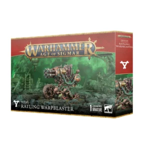 Visuel du packaging officiel Warhammer Age of Sigmar pour la figurine du Maléclateur Ratling (Ratling Warpblaster) de la faction Skaven. La boîte aux bordures dorées et au bandeau supérieur rouge arbore en haut le logo officiel doré "Warhammer Age of Sigmar". L'illustration centrale sur fond de caverne baignée d'une lueur verdoyante de malepierre présente une imposante machine de guerre rotative à canon multiple, manœuvrée par des rats Skavens. En bas figurent le symbole triangulaire Skaven, l'inscription "SKAVEN RATLING WARPBLASTER" ainsi que la mention "1 CITADEL MINIATURE".