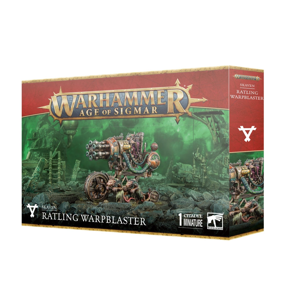 Visuel du packaging officiel Warhammer Age of Sigmar pour la figurine du Maléclateur Ratling (Ratling Warpblaster) de la faction Skaven. La boîte aux bordures dorées et au bandeau supérieur rouge arbore en haut le logo officiel doré "Warhammer Age of Sigmar". L'illustration centrale sur fond de caverne baignée d'une lueur verdoyante de malepierre présente une imposante machine de guerre rotative à canon multiple, manœuvrée par des rats Skavens. En bas figurent le symbole triangulaire Skaven, l'inscription "SKAVEN RATLING WARPBLASTER" ainsi que la mention "1 CITADEL MINIATURE".