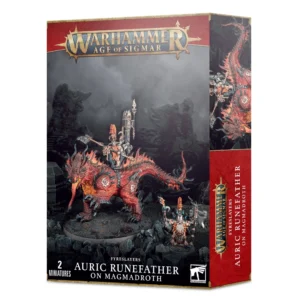 Boîte de produit officielle du kit de figurines du Père des Runes Aurique sur Magmadroth pour la faction Pyrotueurs dans Warhammer Age of Sigmar. L'emballage vertical présente en haut le grand logo officiel Warhammer Age of Sigmar en lettres métalliques dorées sur une bannière rouge bordeaux. L'illustration centrale met en scène une gigantesque créature reptilienne aux écailles rouge orangé et aux piques dorsales noires, chevauchée par un chef de guerre Duardin arborant une haute crête de cheveux orange vif et armé d'une grande hache de guerre. Sur le socle à côté de la bête se dresse une seconde figurine de héros Duardin à pied tenant un bâton-brasero incandescent. Le fond dépeint un paysage rocheux sombre sous une atmosphère brumeuse. Le panneau latéral droit rouge bordeaux affiche une illustration de la créature ainsi que le titre en anglais. En bas, le texte indique FYRESLAYERS AURIC RUNEFATHER ON MAGMADROTH avec la mention 2 MINIATURES et le logo carré blanc Citadel Warhammer en bas à droite.