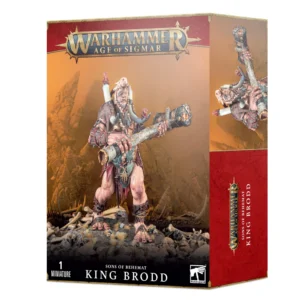 Visuel du packaging officiel Warhammer Age of Sigmar pour la figurine du Roi Brodd (King Brodd) de la faction Sons of Behemat. La boîte arborant des teintes rouges, dorées et chaudes présente en haut le logo officiel "Warhammer Age of Sigmar", et en bas l'inscription "SONS OF BEHEMAT KING BRODD" accompagnée de la mention "1 MINIATURE". L'illustration met en valeur un gigantesque Mega-Gargant à la peau claire, coiffé d'un massif crâne d'animal cornu et tenant à deux mains un énorme pilier en bois renforcé servant de masse. Il avance sur un terrain rocailleux jonché de défenses et d'ossements, avec de petites créatures grimaçantes perchées sur ses épaules.
