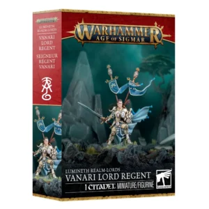 Boîte d'emballage de la figurine du Seigneur Régent Vanari pour le jeu Warhammer Age of Sigmar, photographiée en perspective de trois quarts sur un fond blanc neutre. La tranche gauche de la boîte est rouge vif et comporte un symbole runique blanc stylisé des Lumineth, surmonté des textes blancs "LUMINETH REALM-LORDS", "VANARI LORD REGENT" et "SEIGNEUR RÉGENT VANARI". La face avant de la boîte présente le logo officiel doré "Warhammer Age of Sigmar" en haut, au-dessus d'une illustration centrale sombre et brumeuse. On y voit la figurine peinte d'un elfe noble vêtu d'une armure de plaques blanche et dorée, arborant une cape bleu ciel et deux grandes bannières bleues à motifs dorés attachées dans son dos. Le guerrier est debout sur des rochers sombres, tenant une épée d'une main et un bouclier orné d'un autre. En arrière-plan, des silhouettes rocheuses et un arbre se découpent sous un ciel vert-bleu mystique. Au bas, un bandeau noir affiche les inscriptions blanches "VANARI LORD REGENT", "1 CITADEL MINIATURE/FIGURINE" et le logo carré blanc Warhammer.