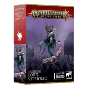Boîte d'emballage de jeu Warhammer Age of Sigmar arborant le logo officiel doré du jeu sur un bandeau rouge supérieur. L'illustration centrale présente la figurine peinte du Seigneur Vitriolique (Lord Vitriolic) de la faction Nighthaunt, s'élevant au-dessus d'un sol rocheux enveloppé de vapeurs rosées. Cet esprit spectral au visage de masque osseux est drapé d'une robe noire déchiquetée et possède plusieurs bras aux teints blêmes : il brandit une faucille rouillée, Manipule des fioles de fluides toxiques et porte sur son dos un présentoir alchimique garni d'alambics. La boîte indique en bas « NIGHTHAUNT », « LORD VITRIOLIC » et « 1 CITADEL MINIATURE ».
