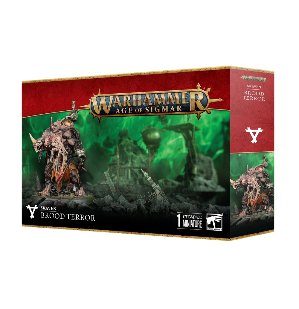 Boîte de jeu d'emballage Warhammer Age of Sigmar présentant la figurine de la Terreur des Terriers (Brood Terror chez la faction Skaven). Le logo doré « WARHAMMER AGE OF SIGMAR » trône en haut au centre sur un fond baigné de brume vert incandescent. L'illustration centrale montre une imposante créature grotesque issue de mutations alchimiques, fusionnant de la chair vivante à des appareillages mécaniques, des tuyauteries remplies de malepierre et des membres tronqués. Sur le panneau latéral rouge figure le symbole triangulaire de la rune Skaven. Au bas de la boîte sont inscrites les mentions « SKAVEN BROOD TERROR », « 1 CITADEL MINIATURE » ainsi que le logo Citadel Warhammer.
