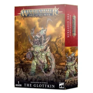 Photo de présentation de trois-quarts sur fond blanc de la boîte de la figurine The Glottkin. Au sommet de la boîte, le logo officiel "WARHAMMER AGE OF SIGMAR" en lettres dorées et bleues est disposé sur un bandeau rouge aux bordures métalliques. L'illustration principale, baignée dans une atmosphère marécageuse et brumeuse aux nuances jaunâtres et orangées, met en scène une créature gigantesque et mutante à la peau verte boursouflée, couverte de pustules et de tentacules. Sur son dos imposant sont installés ses deux frères : un sorcier voûté à capuchon brandissant une faux et un seigneur de guerre mutant muni d'une lame. En bas à gauche du visuel, le texte indique "MAGGOTKIN OF NURGLE THE GLOTTKIN" à côté de la mention "1 MINIATURE", tandis que le logo officiel "WARHAMMER" figure dans le coin inférieur droit. La tranche latérale droite de la boîte est rouge et affiche le nom du produit.