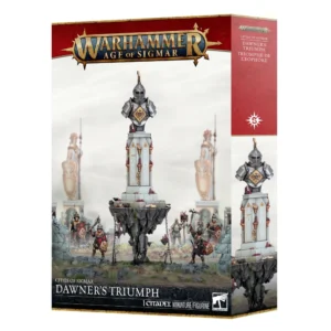 Une vue en perspective de la boîte de produit officielle pour le set Triomphe de l'Éophore de Warhammer Age of Sigmar, présentée sur un fond blanc épuré. L'emballage dispose d'un bandeau supérieur horizontal et d'une tranche latérale droite de couleur rouge texturé. Sur la face avant, on distingue le logo principal doré « WARHAMMER AGE OF SIGMAR » en haut, les inscriptions « CITIES OF SIGMAR » et « DAWNER'S TRIUMPH » en bas à gauche, et la mention « 1 CITADEL MINIATURE/FIGURINE » au centre de la bordure inférieure noire, juste à côté du logo blanc carré de Games Workshop. Le côté droit de l'emballage affiche verticalement les textes « CITIES OF SIGMAR », « DAWNER'S TRIUMPH » et sa traduction française « TRIOMPHE DE L'ÉOPHORE », placés au-dessus d'une icône d'étoile blanche frappée de la lettre « S ». L'illustration centrale met en scène la figurine peinte du monument : un autel de pierre grise gravé d'inscriptions sacrées, posé sur un bloc rocheux flottant relié au sol par des chaînes métalliques, et surmonté d'un buste d'armure de chevalier avec un écu doré représentant une comète à deux queues. Autour de la structure, des soldats en armure des Cités de Sigmar sont visibles au second plan sous un ciel brumeux.