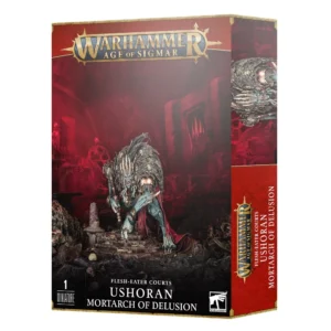 Boîte d'emballage pour Warhammer Age of Sigmar arborant le logo officiel doré du jeu sur une bannière rouge. L'illustration centrale présente la figurine colossale de Ushoran, Mortarque du Delirium, le souverain monstrueux des Flesh-Eater Courts. Ce géant voûté à la peau gris-bleu est coiffé d'une couronne macabre et drapé d'une lourde cape en fourrure bordée de crânes ainsi que d'une traîne rouge. Accroupi sur des marches en ruine entourées d'ossements dans un décor de temple écarlate, il tient un sceptre osseux dans sa main. La boîte indique en bas « 1 MINIATURE », « FLESH-EATER COURTS » et « USHORAN MORTARCH OF DELUSION ».
