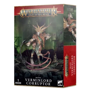 Visuel du packaging officiel Warhammer Age of Sigmar pour la figurine du Verminarque Corrupteur (Verminlord Corruptor) de la faction Skaven. La boîte aux bordures dorées et au bandeau supérieur rouge arbore en haut le logo officiel doré "Warhammer Age of Sigmar". L'illustration centrale, située dans un décor de ruines baigné d'une lueur verdoyante de malepierre, met en scène un colossal démon Skaven aux imposantes cornes torsadées et au visage couvert d'un crâne. La créature brandit deux faucilles de la peste mortelles et possède une longue queue torsadée qui s'enroule sur le socle. En bas figurent l'inscription "SKAVEN VERMINLORD CORRUPTOR" ainsi que la mention "1 MINIATURE".