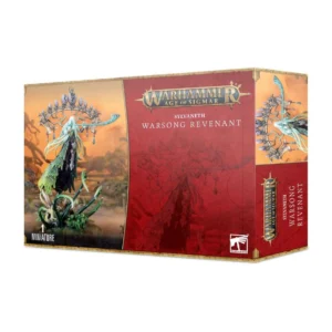 Visuel du packaging officiel Warhammer Age of Sigmar pour la figurine du Warsong Revenant de la faction Sylvaneth. La boîte aux bordures dorées et à la section droite rouge bordeaux présente en haut le logo officiel doré « Warhammer Age of Sigmar ». L'illustration centrale, baignée dans un paysage automnal aux teintes chaudes et dorées, met en scène un esprit de la forêt majestueux drapé d'une cape feuillue verte. Le personnage joue d'une longue flûte traversière turquoise, surmonté d'une grande arche florale et flottant au-dessus d'une souche et de racines vivantes. En bas du coffret figurent le nom de la faction « SYLVANETH », l'inscription « WARSONG REVENANT » ainsi que la mention « 1 MINIATURE ».