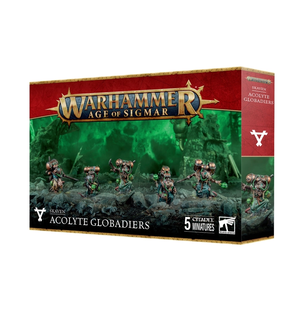 Boîte de jeu d'emballage Warhammer Age of Sigmar présentant le kit de figurines des Acolytes Globadiers (Acolyte Globadiers chez la faction Skaven). Le logo doré « WARHAMMER AGE OF SIGMAR » trône en haut au centre sur un fond baigné de brume vert incandescent. L'illustration centrale montre cinq skavens peints vêtus de robes vertes, équipés de masques respiratoires et de réservoirs en cuivre, s'apprêtant à lancer des orbes remplies de gaz toxique vert. La bande verticale rouge sur la droite affiche le symbole de la rune Skaven. Au bas de la boîte figurent l'inscription « SKAVEN ACOLYTE GLOBADIERS », la mention « 5 CITADEL MINIATURES » ainsi que le logo Citadel Warhammer.