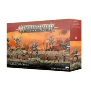 Visuel du packaging officiel Warhammer Age of Sigmar pour la boîte du Bataillon: Sylvaneths – Sylve de Fortesouche (Battleforce: Sylvaneth - Strongroot Grove). La boîte aux bordures dorées et au bandeau supérieur rouge présente en haut le logo officiel doré « Warhammer Age of Sigmar ». L'illustration centrale, baignée dans un paysage crépusculaire aux teintes incandescentes et ambrées, met en scène une armée de 9 créatures végétales imposantes, incluant de grands hommes-arbres armés d'épées incandescentes et des esprits de la forêt d'élite. Sur la tranche droite rouge figurent le symbole blanc de la faction Sylvaneth ainsi que l'inscription « BATAILLON SYLVANETH / SYLVE DE FORTESOUCHE ». En bas du coffret sont inscrits le nom anglais du produit et la mention « 9 CITADEL MINIATURES/FIGURINES ».