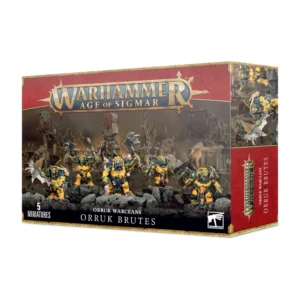Visuel de la boîte de présentation Warhammer Age of Sigmar pour l'unité de figurines des Brutes (Orruk Brutes) de la faction Orruk Warclans. La boîte au design rouge et sombre présente en haut le logo officiel doré "Warhammer Age of Sigmar", et en bas l'inscription "ORRUK WARCLANS ORRUK BRUTES" accompagnée de la mention "5 MINIATURES". L'illustration met en scène cinq imposants guerriers Orruks à la peau verte lourdement protégés par des armures jaunes et sombres, armés de haches massives et de grosses lames crantées sur un terrain rocheux et désolé.