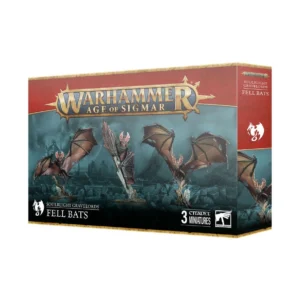 Boîte de produit officielle de l'unité de Chauves-souris Géantes (Fell Bats) pour la faction Soulblight Gravelords dans Warhammer Age of Sigmar, vue de trois-quarts. En haut de l'emballage horizontal, le logo officiel Warhammer Age of Sigmar s'affiche en lettres métalliques dorées sur une bande rouge bordeaux. L'illustration centrale présente trois monstrueuses créatures ailées aux ailes membraneuses déchirées en cuir brun, au pelage sombre et aux visages grotesques, suspendues à des branches mortes et des pierres funéraires. Le panneau latéral droit rouge bordeaux présente l'icône de dragon blanche de la faction. En bas, le bandeau noir indique SOULBLIGHT GRAVELORDS FELL BATS à gauche, la mention « 3 CITADEL MINIATURES » et le logo carré blanc Citadel Warhammer à droite.