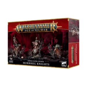 Boîte de jeu Warhammer Age of Sigmar avec un bandeau supérieur rouge portant le logo officiel doré du jeu. L'illustration centrale présente une unité de trois Chevaliers de Morbheg de la faction Flesh-Eater Courts, des chevaucheurs goules à la peau verdâtre montés sur de monstrueuses chauves-souris géantes aux ailes membraneuses repliées. Les cavaliers tiennent un écu macabre, une lance et un étendard en peau tannée tout en sillonnant un sol rocheux et sombre jonché de crânes sous une atmosphère rouge ténébreuse. En bas de la boîte, les inscriptions indiquent « 3 MINIATURES », « FLESH-EATER COURTS » et « MORBHEG KNIGHTS ».